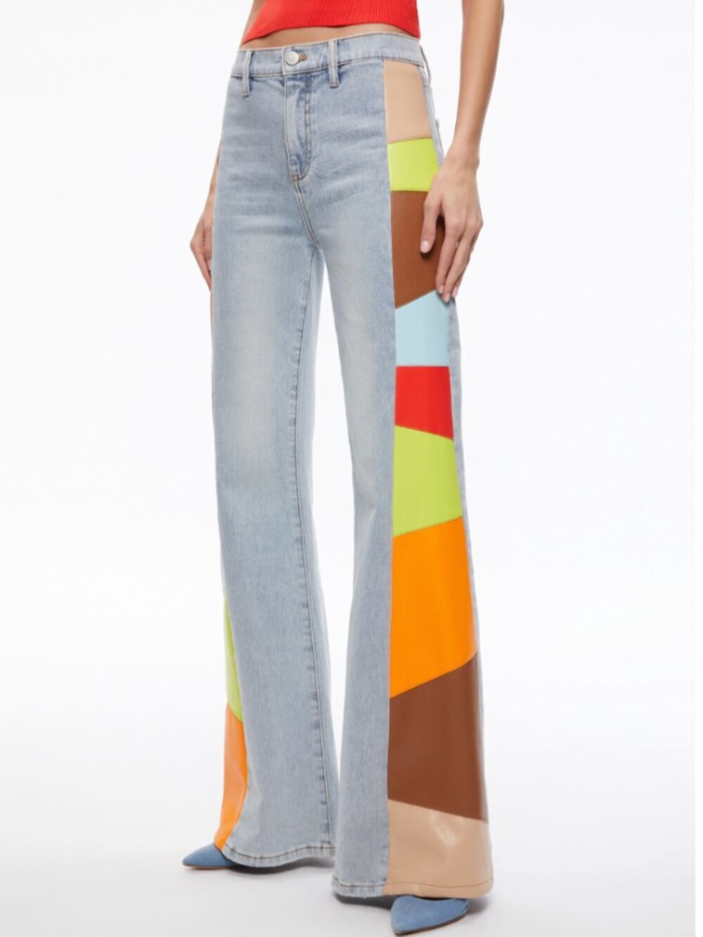 ALICE+OLIVIA BEAUTIFUL VEGAN LEATHER PATCHWORK FLARE JEAN